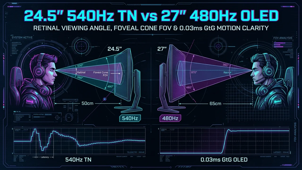 24.5-Inch 1080p 540Hz vs. 27-Inch 1440p 480Hz OLED: Viewing Distance & Foveal FOV Geometry
